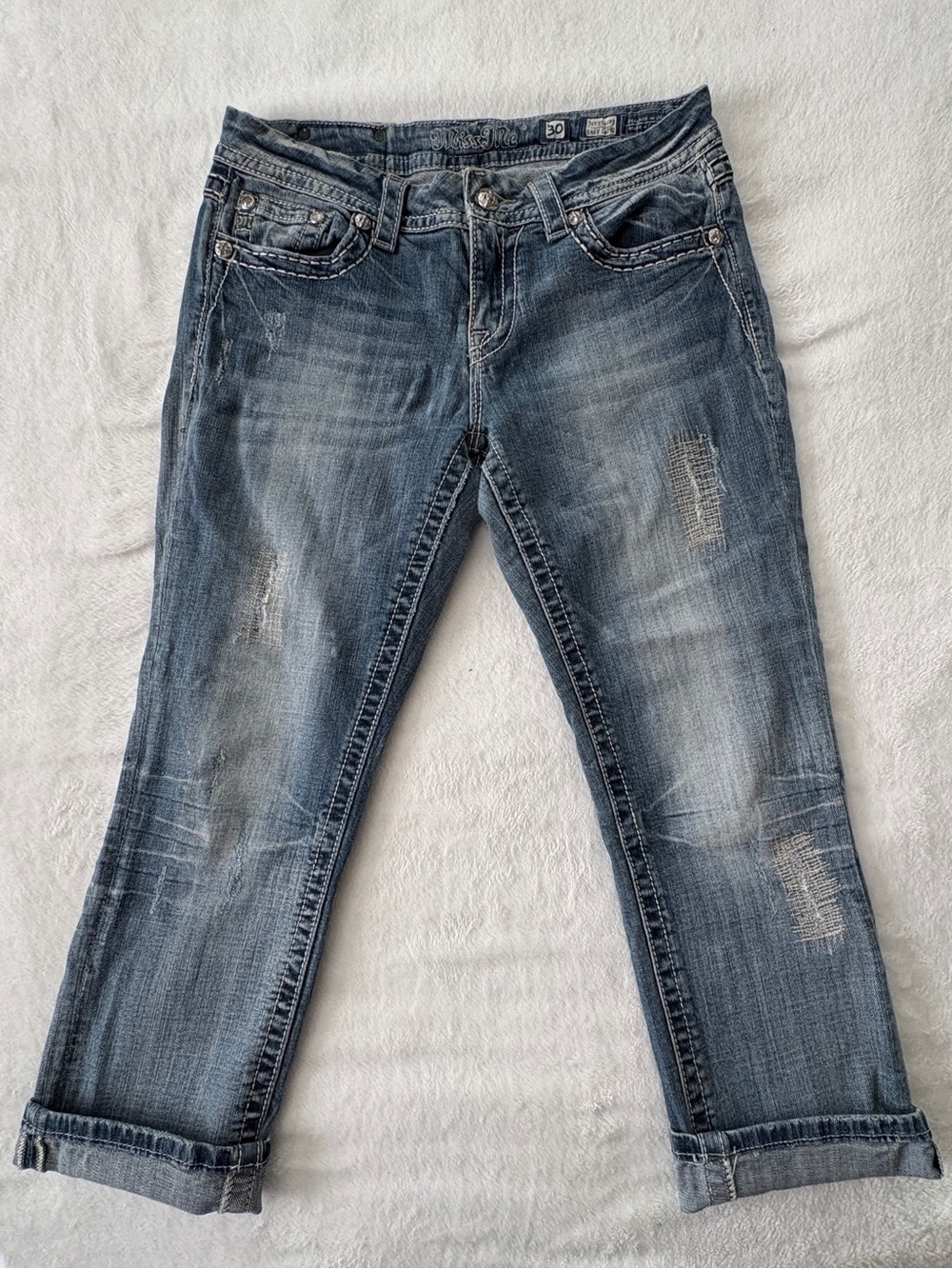 Miss Me Rolled Cuff Distressed Jeans in Medium Blue